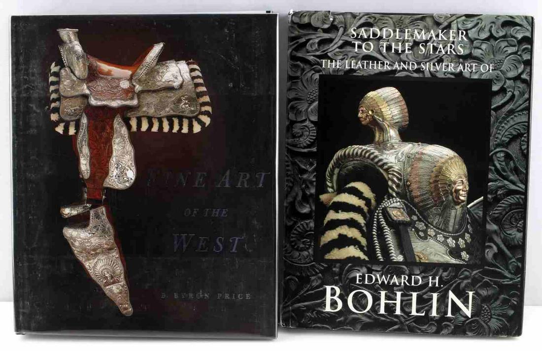 BOOK LOT OF 2 SADDLEMAKER AND FINE ART OF THE WEST: Lot f 2. Includes one "Saddlemaker to the Stars" by Edward H. Bohlin and one "Fine Art of the West" by Byron Price. Dust jackets shows wear and tears. Saddlemaker's binding is loose.