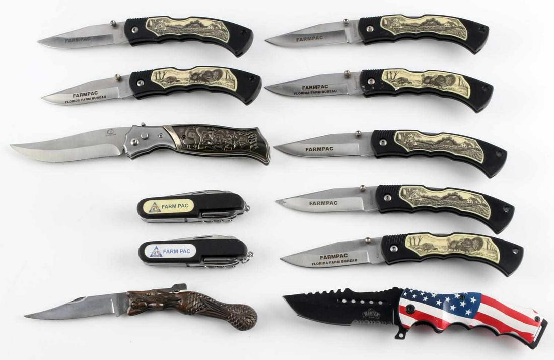 12 ASSORTED POCKET KNIFE LOT KUTMASTER MASTER ETC.: Lot of 12. Seven "Kutmaster" pocket knives with Farm Pac on the blade, made in China, these knives feature different scenes on the handle and measure 4.5 inches closed. One Flack Hawk pocket knife, st