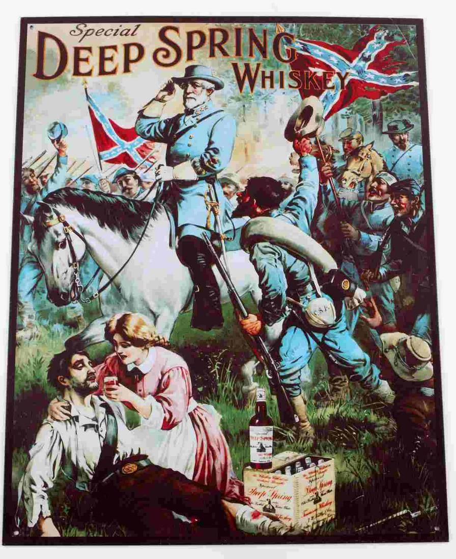 DEEP SPRING WHISKEY CONFEDERATE THEME WALL SIGN: Deep Spring Whiskey wall tin sign measures 12" x 16", very good condition. Features confederate soldiers and a confederate theme.