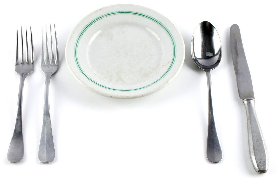 5 PCS PRE WWII GERMAN REICHSADLER DINING SET: 5-piece set includes one (1) small plate, one (1) large spoon, two (2) forks, and one (1) knife. Stamped with "Reichsadler" and "M."