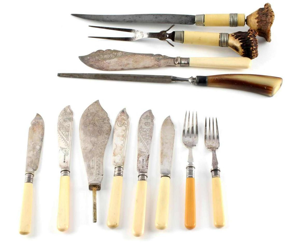 LOT OF 12 SILVER PLATE SILVERWARE CARVING CAKE: Lot of 12 includes: matching carving set with celluloid grip and stag pommel (patina present), one sharpening tool with bone/horn grip (just under 14 inches), one engraved cake slicer, one cake slicer