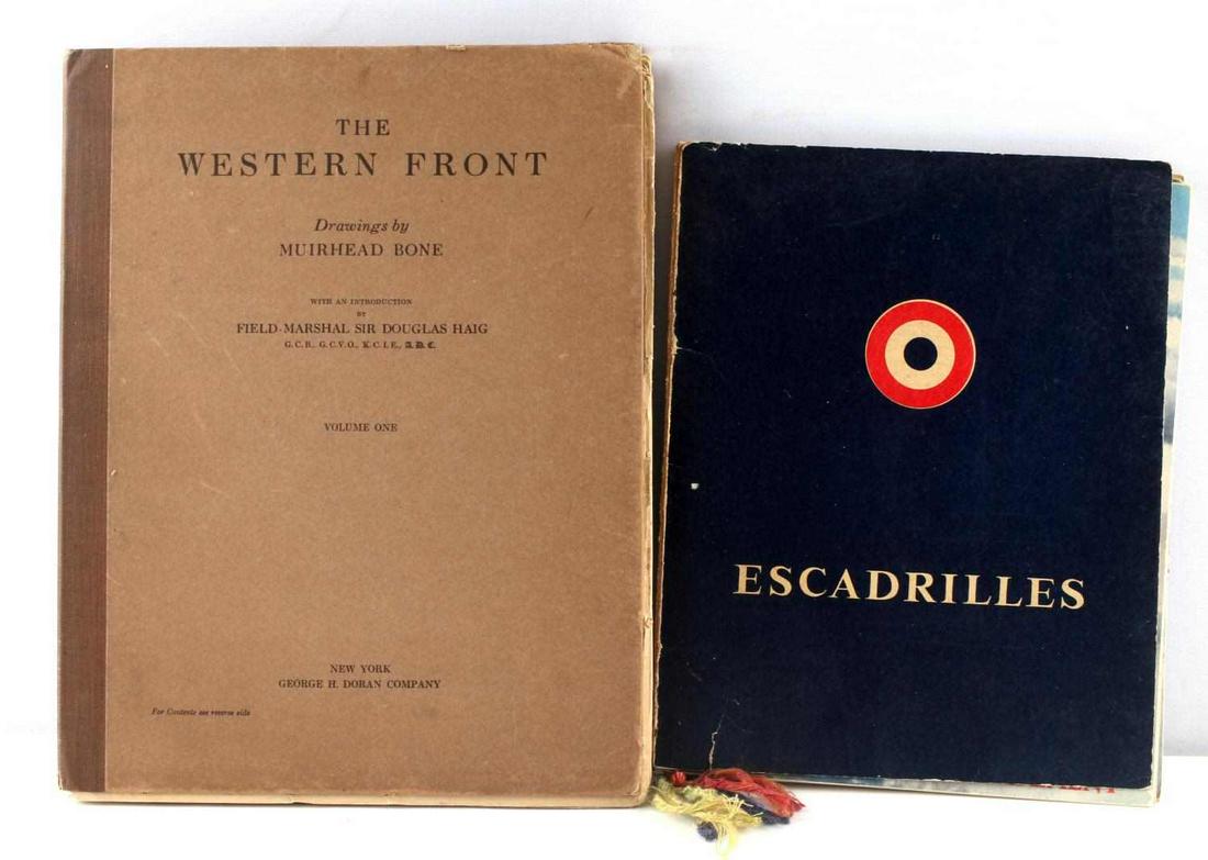 2 1ST ED. WWI ILLUSTRATED AND INFORMATIONAL BOOKS: Titles include: "The Western Front Volume 1", 1917, Drawings By Muirhead Bone, George H. Doran Company Publishing. Contains various sets of drawings from WWI. Parts 1-5 all featured for the complete s