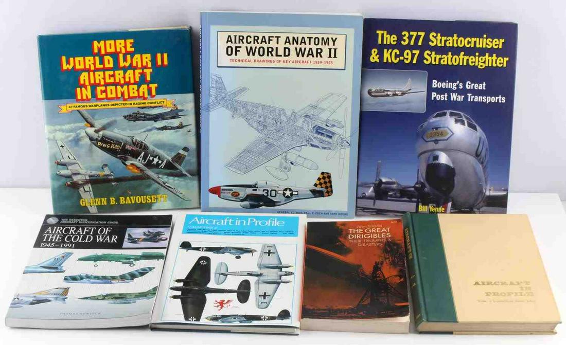 ASSORTED LOT OF 7 MILITARY AIRCRAFT BOOKS WWII CW: Lot includes one "The Great Dirigibles: Their Triumphs & Disasters" by John Toland, one Aircraft in Profile: Vol. 1 Nos. 1-24" by Martin C. Windrow, one "The Essential Aircraft Identification Guide: A