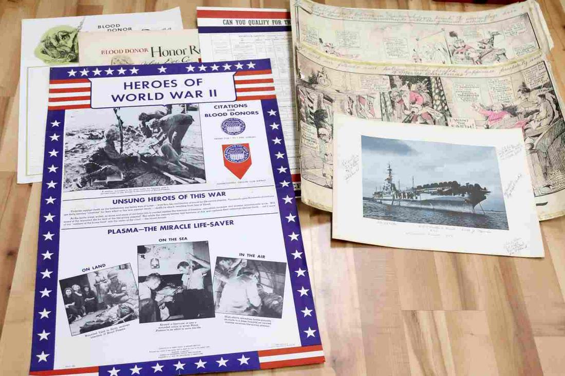LOT OF 8 WWII & WWI POSTER & POLITICAL CARTOONS: Lot of 8 includes: three (3) large WWI political cartoon posters, three (3) blood donation honor roll posters, one (1) Interwar Army Air Corps enlistment requirement poster, and one (1) post-war (1950