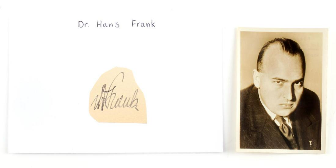 WWII GERMAN DR HANS FRANK SIGNATURE WITH PHOTO: Signature of Dr. Han Frank with a photo of him. Photo measures 80mm X 60mm. Deemed authentic according to terms.