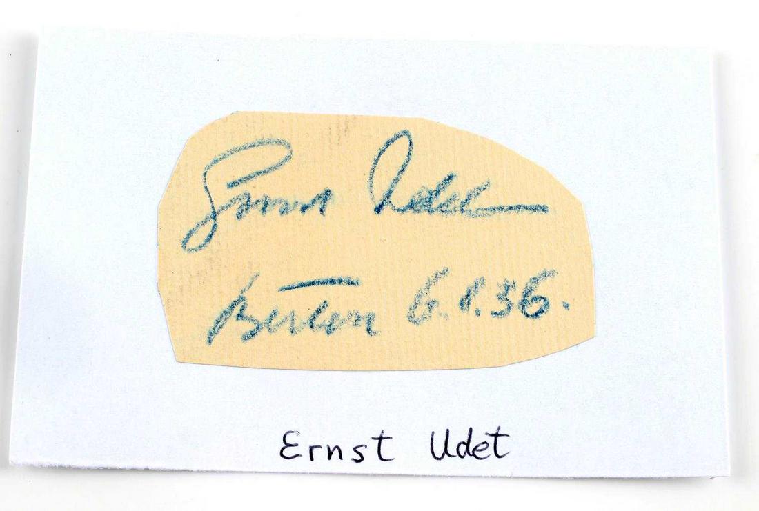 WWII GERMAN THIRD REICH ERNST UDET SIGNATURE: WWII German Ernst Udet signed strip of paper dated 01/06/1936. Strip is 75mm X 46mm. Deemed authentic according to terms.