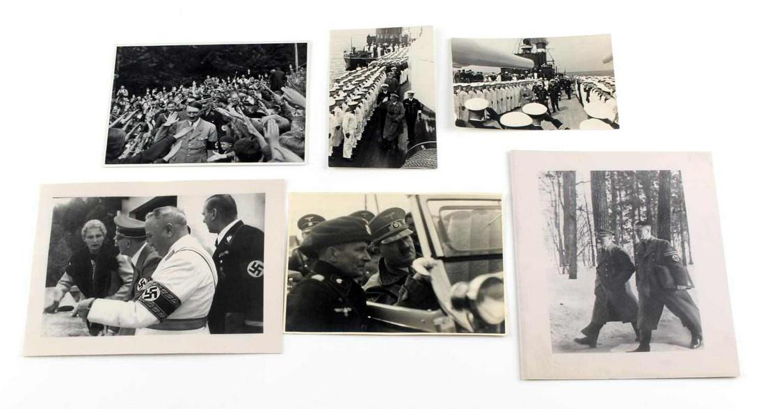 LOT OF 6 WWII GERMAN ADOLF HITLER PHOTOGRAPHS: Six photographs of Adolf Hitler at assorted times and locations includes one at Obersalzberg, two on naval ships Agfa-Brovira, one with Oskar Munzel Hoffman,one with Albert Speer, and one with Dr. Rob