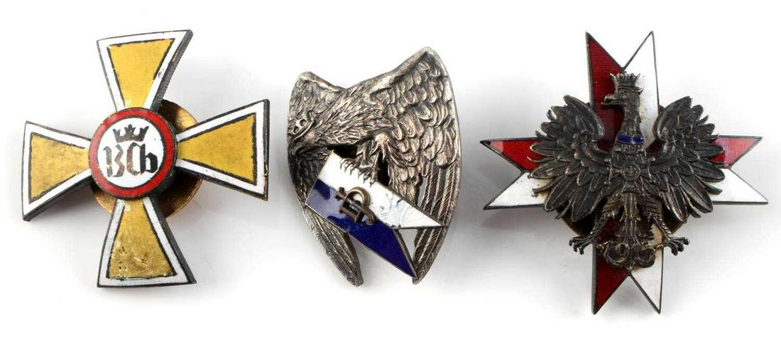 LOT OF 3 POLISH ENAMELED LANCERS REGIMENT BADGES: Lot includes a 2nd Grochowski lancers regiment badge measuring 1 1/2 x 1 1/4 inches with cracked enamel, a 17th lancers regiment badge measuring 1 3/4 x 1 3/4 inches, and a 1st Krechowiecki lancer reg