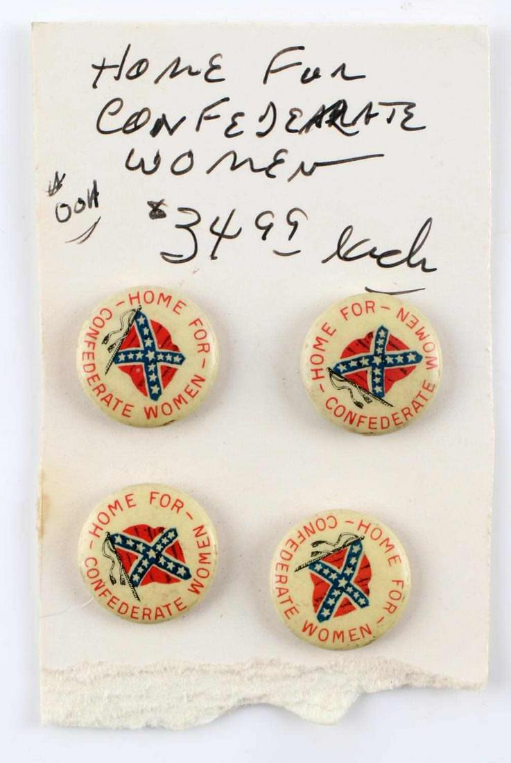 ORIGINAL 1920s HOME FOR CONFEDERATE WOMEN PINS: These 3/4 inch celluloid pins, made by the Lucky Badge Company of Baltimore, Maryland, depicts the Confederate Flag and advertises the "Home for Confederate Women." These buttons were made and distrib