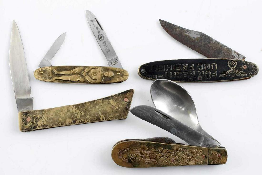 4 WWII THIRD REICH 1933 ELECTION POCKET KNIFE LOT: Lot of 4 WWII German Third Reich 1933 election pocket knives. All in good condition with expected wear from age/use. Unauthenticated, sold as is.