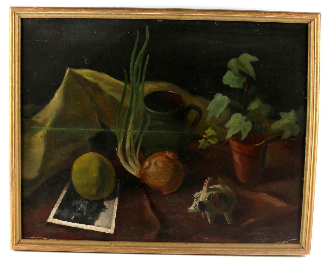 RICHARD CRIST ORIGINAL STILL LIFE OIL PAINTING: Richard Harrison Crist (American, 1909-1985) signed and dated 1939 in lower right corner. Condition: has a scratch across middle 28cm in length. Framed oil on canvas covered masonite board, 54cm x43cm