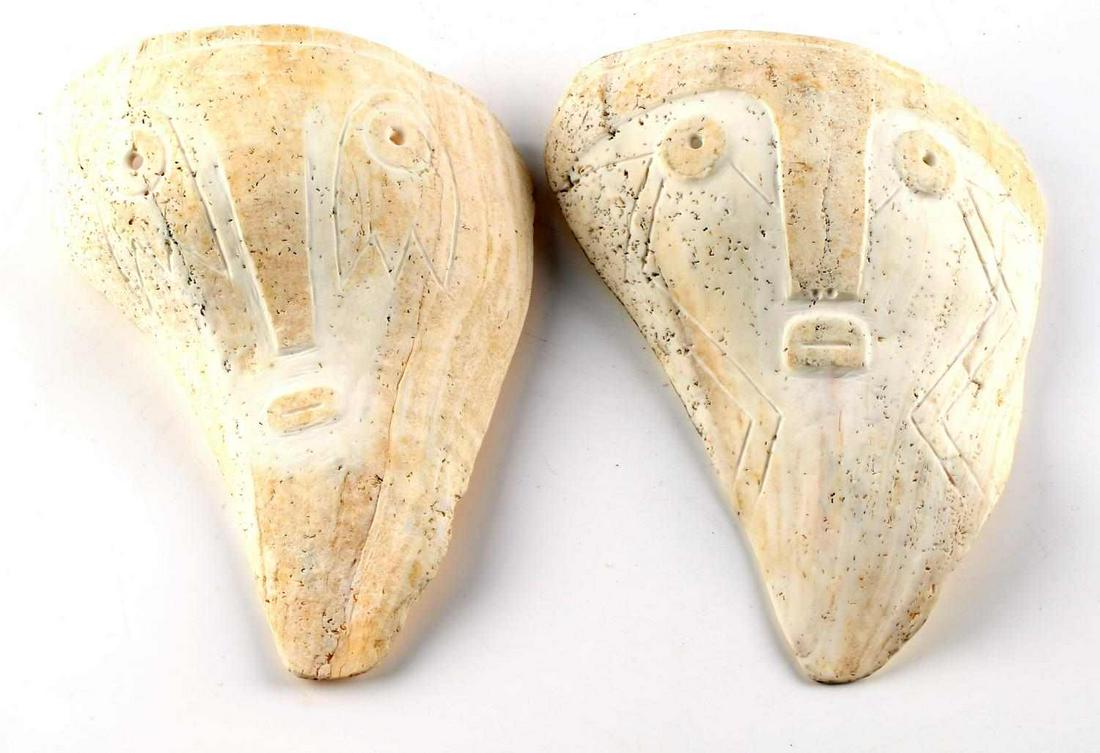 2 NATIVE AMERICAN FLORIDA SHELL GORGET HOMAGE: Two (2) Whelk shells depicted with a face. Both measure 9 X 7 inches. Intended to be homage pieces for Native American artwork.