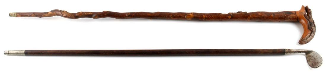 2 WALKING CANE FOLK ALLIGATOR & SUNDAY STICK: Very good original condition each, the Sunday stick has original ferrule tip and measures 34 1/2 inches, some surface rust to blade, Alligator stick is well crafted with nice detail, original Ferrule 