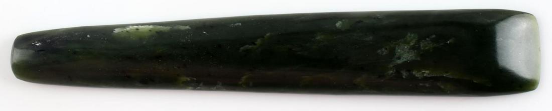 PRE COLUMBIAN OLMEC MAYAN JADE CELT 6 3/8 INCH: Jade Celt length 6 3/8 ths inches (16cm) in length, tapers from 1 inch to 3/4 inches (2.5-1.5cm), width 5/16 ths of an inch wide (1cm) edge is sharp.