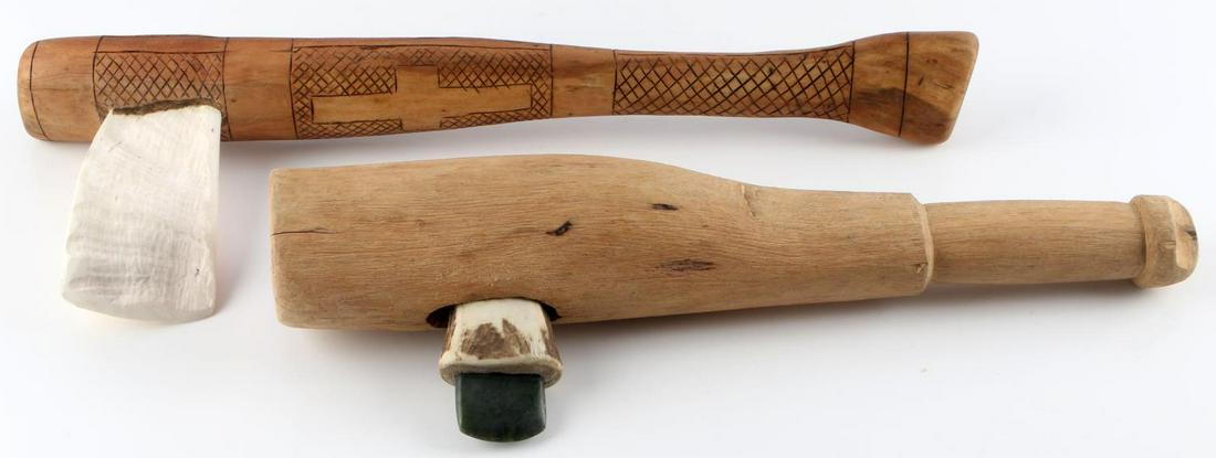 2 MISSISSIPPIAN CULTURE WHELK & JADE CLUB AX LOT: Homage pieces representative of Florida culture and perhaps Mayan, 17 by 17 inch whelk blade with incised club, 15 1/2 by 5 inch plain club jade celt blade. Jade and shell blades are age indeterminate