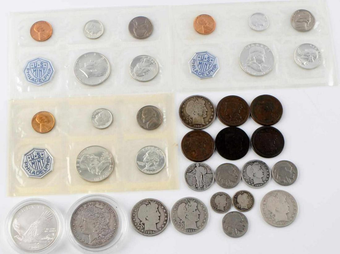 US COIN COLLECTION SILVER PROOF MORGAN BARBER CENT: Very nice grouping, consisting of 1962, 1963, 1964 proof sets without envelopes, 1892 O Morgan dollar VF, $2.45 face value circulated Barber coins including 1911 S and 1915 S circulated Half Dollars,