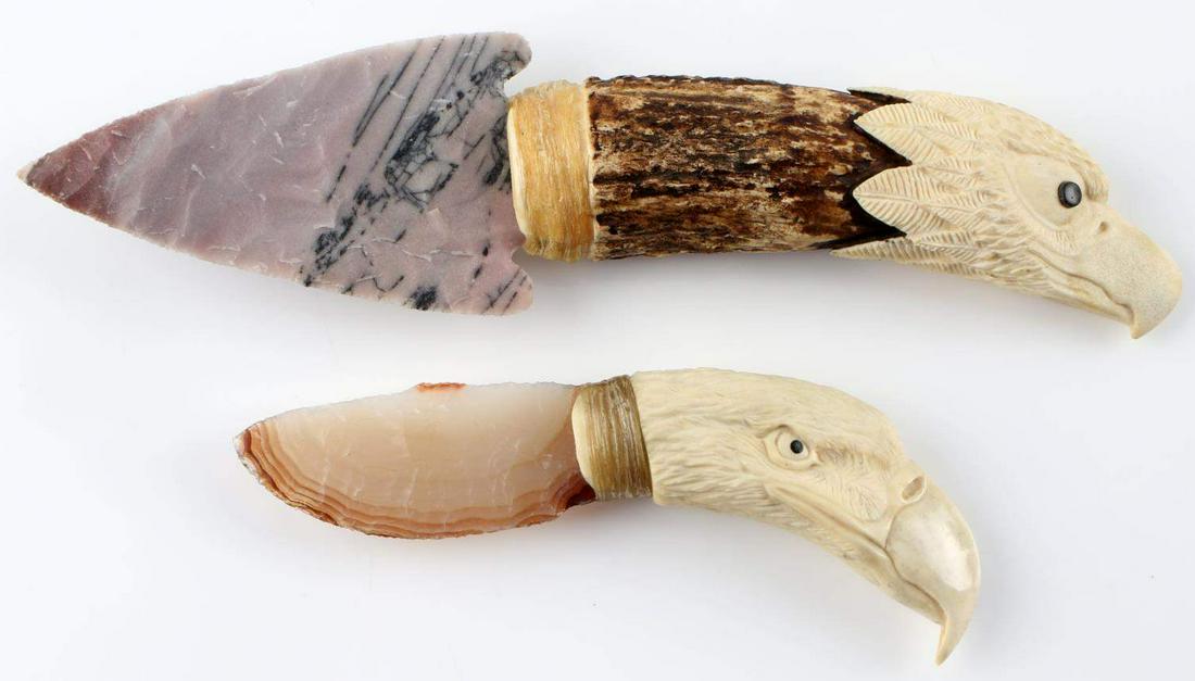 2 CLAUDE VAN ORDER HAND CARVED CHERT FLINT KNIFE: Two river chert knives hand carved and knapped by Claude Van Order. Near mint condition. Small eagle head knife measures 6 1/4 inches long. Blade measures 2 3/4 X 1 3/8 inches and handle measures 3 X