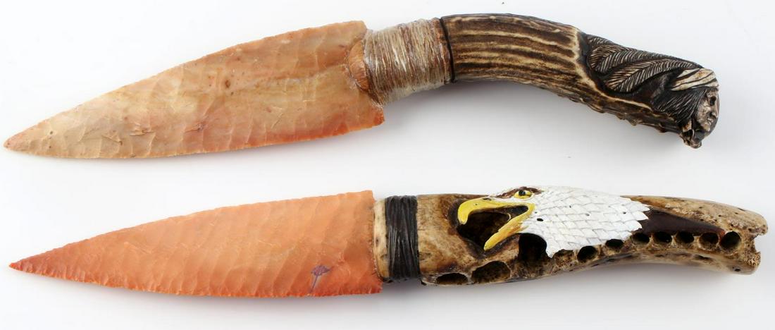 2 CLAUDE VAN ORDER HAND CARVED CHERT FLINT KNIFE: Two river chert knives hand carved and knapped by Claude Van Order. Near mint condition. Eagle head knife measures 11 inches long. Blade measures 5 1/4 X 1 3/4 inches and handle measures 5 3/4 X 1 1/2