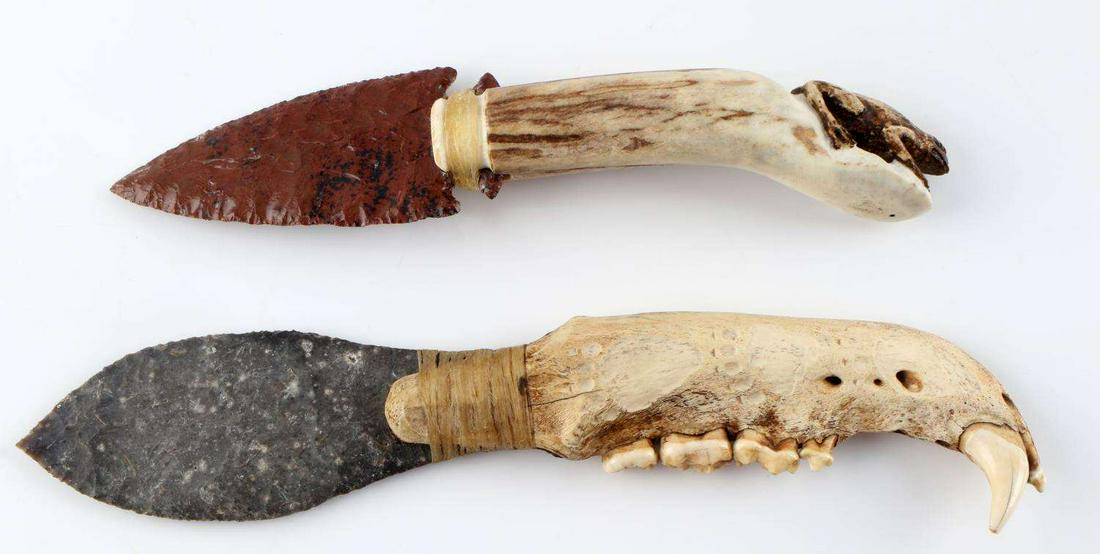 2 CLAUDE VAN ORDER HAND CARVED CHERT FLINT KNIFE: Two river chert knives hand carved and knapped by Claude Van Order. Near mint condition. Frog knife measures 9 1/2 inches long. Blade measures 4 X 2 inches and handle measures 6 X 1 1/4 inches. The ja