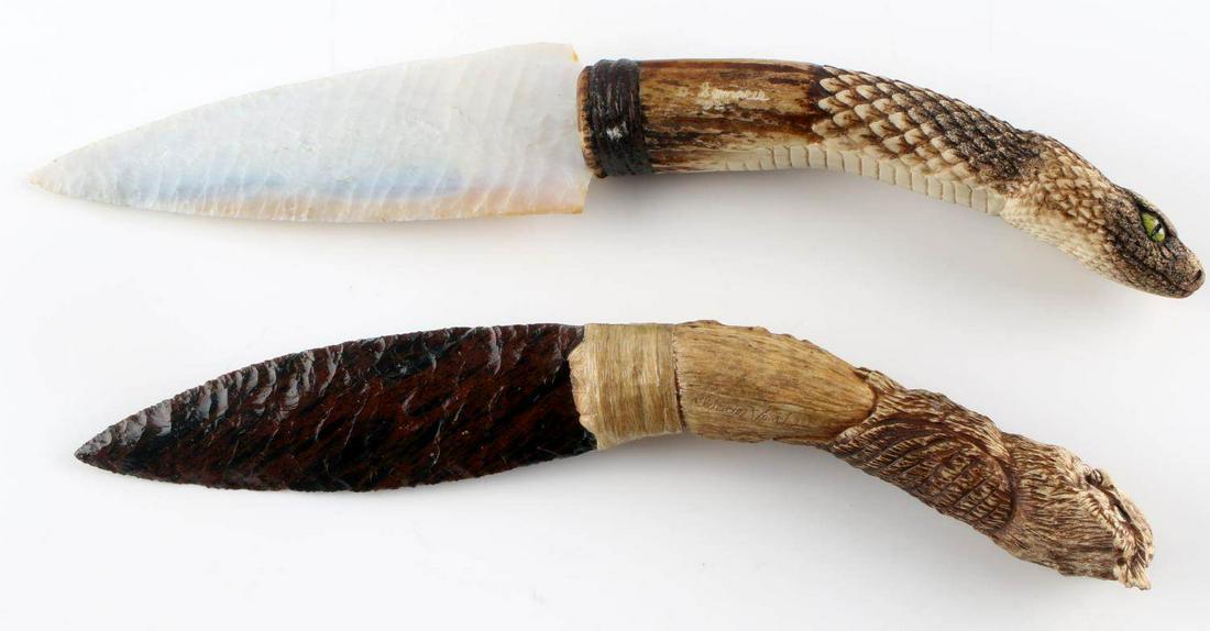 CLAUDE VAN ORDER CHERT FLINT ARROWHEAD KNIFE: Lot of 2 knives. One white knife with oblique flaking, 6-inch blade, snake's head stag grip (6.75 inch), and one red and black polished chert knife (5.25 inch blade) with oblique and parallel flaking,