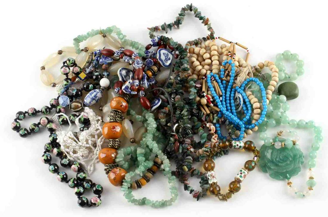 VINTAGE BEAD BONE & STONE NECKLACE BRACELET LOT: Nice assortment of vintage jade, bone, agate, porcelain, cloisonne, shell and quartz bead necklaces and bracelets.