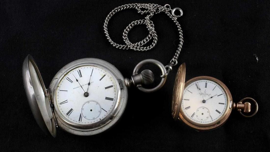 LOT OF 2 ELGIN POCKETWATCH COIN SILVER & GILDED: Includes Coin silver stamped case S/N 4623566, size 18s, 11 jewels, model 2-4 , date 1893, strong movement starts and holds, without crystal and second hand, second watch S/N 3686886, size 6s, 7 jewel