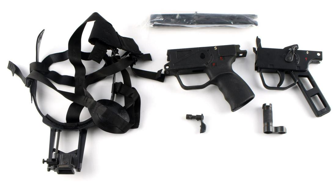 LOT OF 2 MP5 FIREARM LOWERS AND BARREL SIGHT: One lower with trigger assembly, one without. Includes barrel sight and night vision goggles/headset. Like new condition.