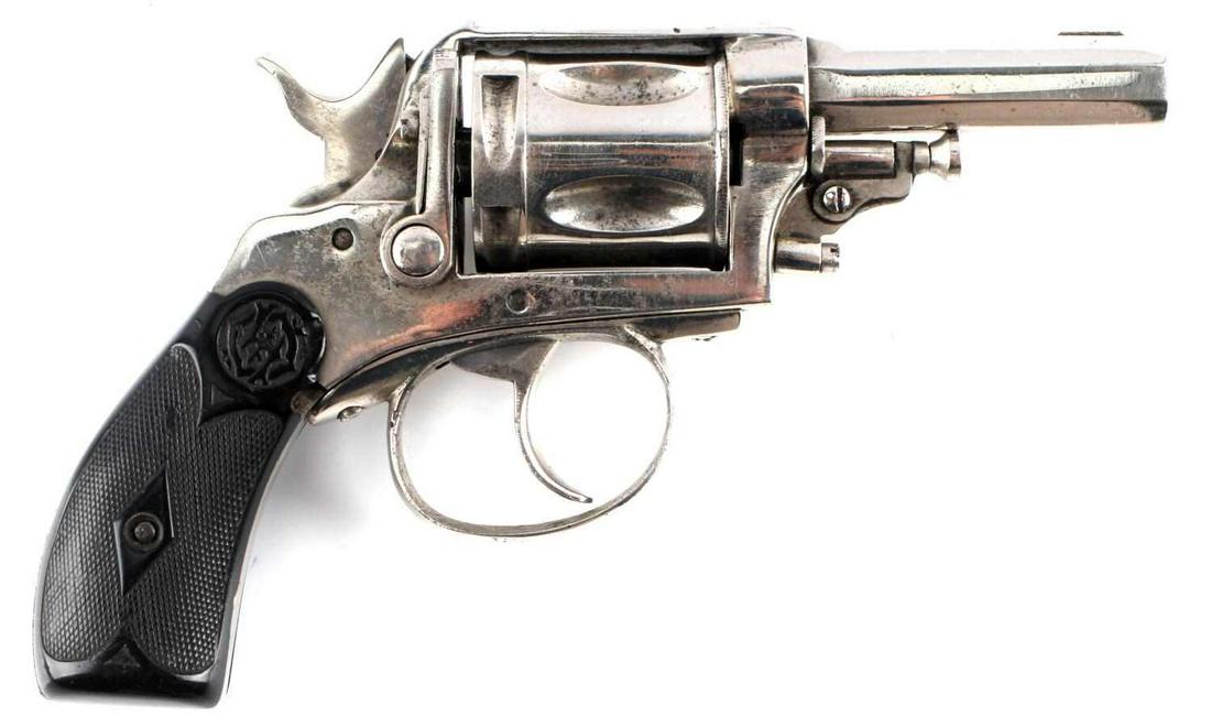 FRENCH ST ETIENNE POLICE NICKEL REVOLVER 8MM: 5 shot revolver, refinished nickel, bakelite grips, serial number marked to butt, maker marked faintly at top of frame, 2 5/8 inch octagon barrel with fair bore, double action works, very good conditi