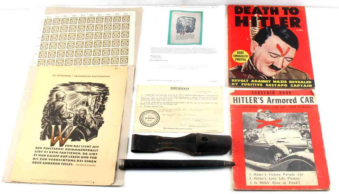 WWII GERMAN THIRD REICH PROPAGANDA BRING BACK: Mixed lot to include NSDAP propaganda small poster, a post war Death to Hitler 25 cent history magazine, very good condition, a program with loose cover detailing Hitler's Car that toured the U.SD. in