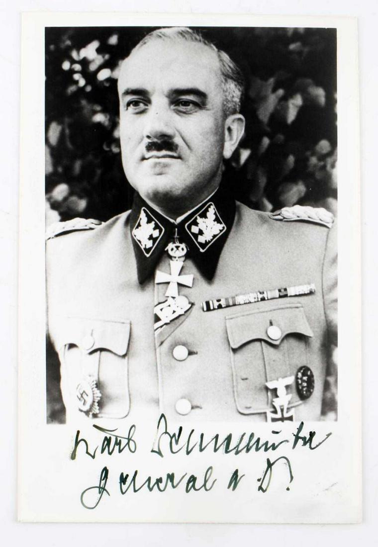 WWII GERMAN KARL DEMELHUBER AUTOGRAPHED PHOTO: Karl Maria Demelhuber (German SS functionary, 6th SS) autographed portrait in uniform. Measures 4 X 6 inches. Both the autograph and photo are in very good condition. Deemed authentic according to ter