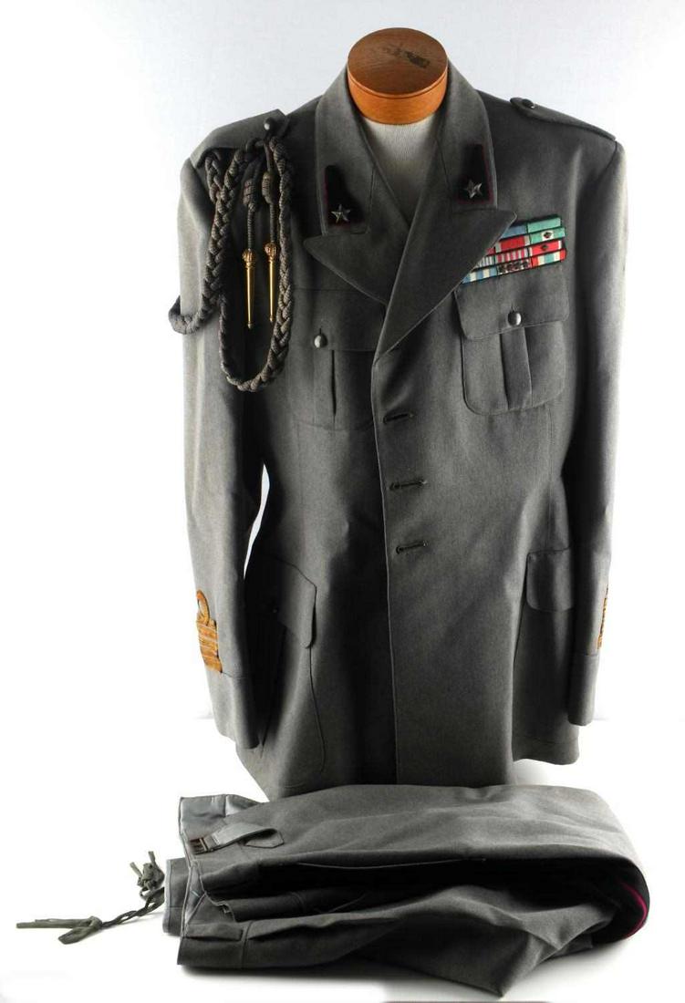 WWII ITALIAN COLONELS UNIFORM W RIBBON RANK BAR: Grey wool tunic has label (A. Cipriani Milano - Verona), black with dark pink border and star collar tabs, gold bullion colonel rank cuff insignia, 4-line ribbon bars to left chest, and aiguillette on