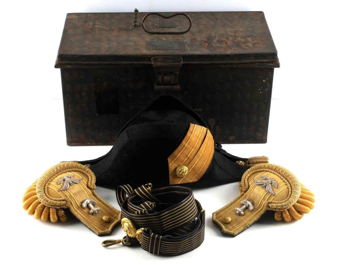 ANTIQUE U.S. NAVY 19TH CENTURY CAPTAIN BICORN HAT: Antique American U.S. military embroidered shoulder epaulets, bicorn cocked hat, gold eagle sword belt and suspenders in fitted compartmental box/case. Epaulets have captains eagles and silver anchors