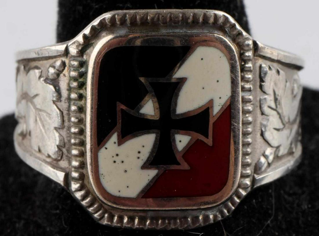 WWII THIRD REICH GERMAN IRON CROSS SILVER RING: Enamel front with Iron Cross at center, three colors in background, leaf design at sides, RP 835 marked at interior. Size 12.5, weighs 5.2 grams. Good condition.