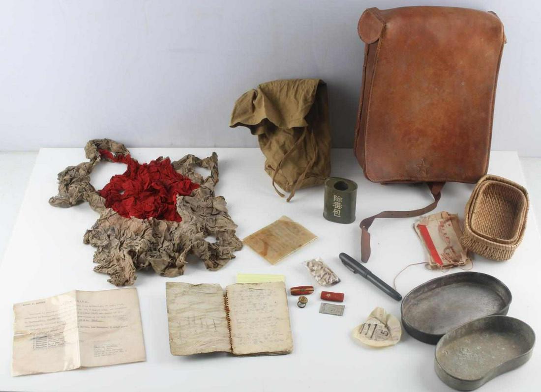 WWII JAPANESE SOLDIER DIARY FLAG CASE GI BRINGBACK: With signed Bring Back Certificate to Robert J. Astbury and signed by Intelligence officer allowing the captured items to be taken or mailed home, it list bags, nested baskets, fountain pen, medical w