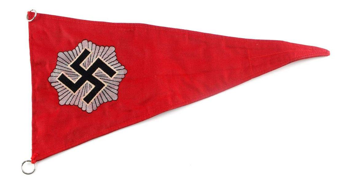 RLB WWII GERMAN THIRD REICH PENNANT FLAG: Red background with silver starburst. Measures 16 x 7 3/4 inches. Slight color bleeding on swastika and starburst with light fading. Very good condition. Does not fluoresce. This lot has a reserve.