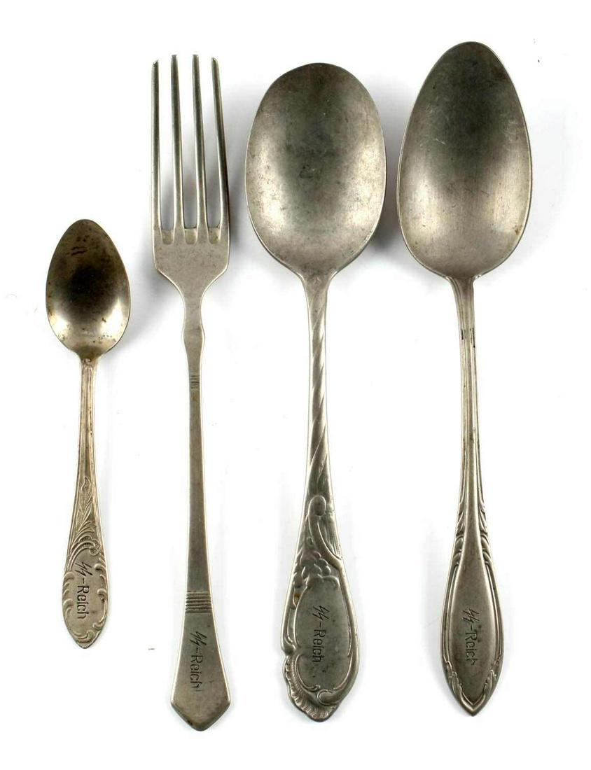 4 WWII THIRD REICH SS SILVERWARE SPOONS & FORKS: Four pieces of silverware with SS engraved on them. Three spoons and one fork. Two spoons measure 8 inches, the fork measures 8 1/16, and the small dessert spoon measures 5 inches. Very good condition