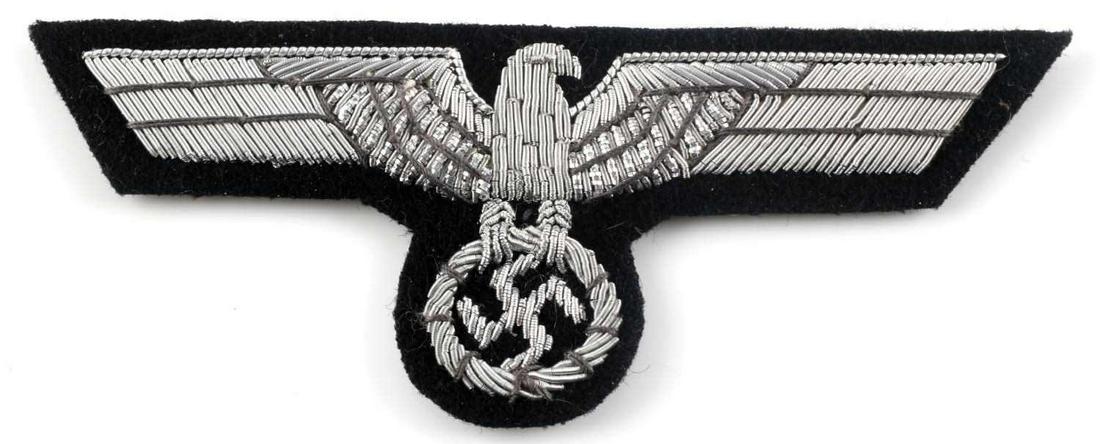 WWII THIRD REICH ARMY PANZER OFFICER BREAST EAGLE: German WWII Army Panzer Officers Breast Eagle. Measures 4 1/8” wide by 1 5/8” tall. The front shows a German eagle clutching a swastika in his talons. Has a black cotton mesh material on the rever