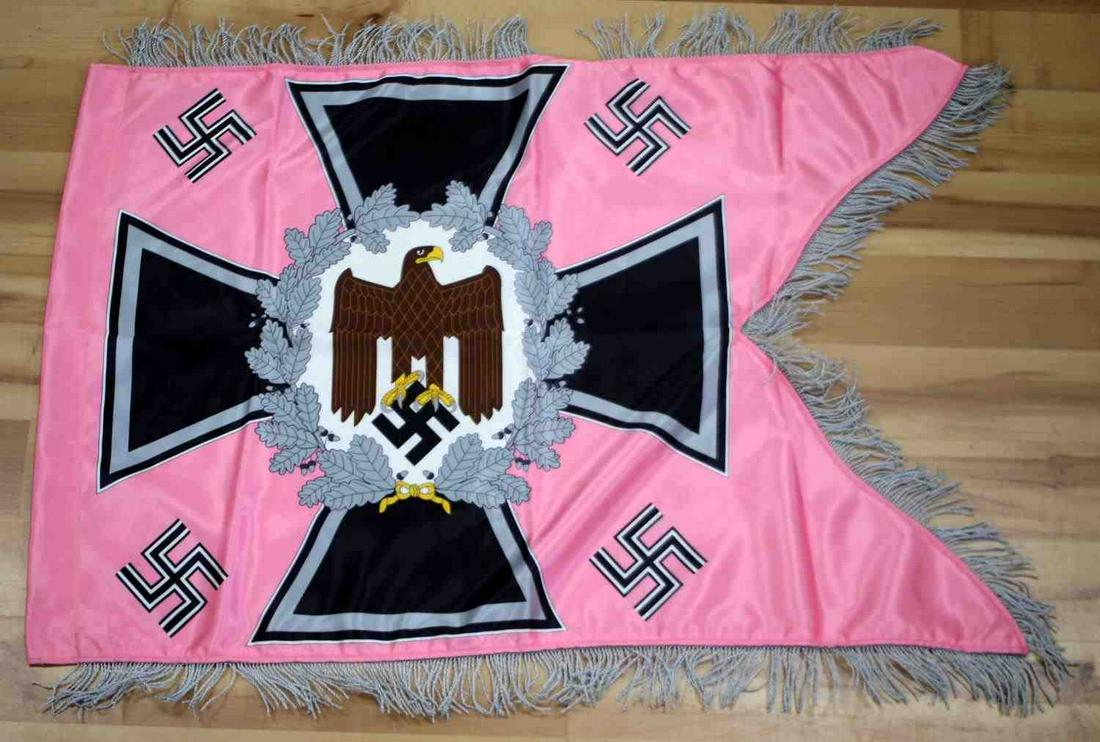 WWII GERMAN REICH PANZER SWALLOW TAIL STANDARTE: WWII German third Reich Panzer regimental swallow tail standarte banner flag measuring 34 3/4 inches wide by 2 feet tall. All sides feature silver bullion wire fringes. Does not fluoresce. Unauthentic