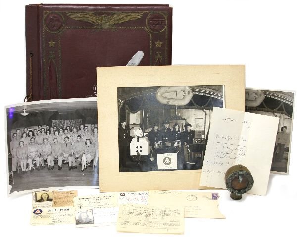 WW2 WOMENS PILOT CIVIL AIR PATROL ARCHIVE: Archive of WW2 period items detailing the career of Civil Air Patrol Lt. Marjorie Marois, C.A.P. Squadron 214-5 Albany N.Y., including detailed scrapbook, photographs, licenses, a marching compass in 