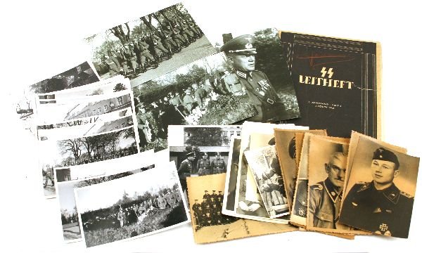 THIRD REICH PHOTOGRAPH LOT INCLUDING SS & HITLER: Varied lot including: Sepia photographs of SS Officers, mostly portrait poses (6). A Panzer NCO. A Kriegsmarine group photograph with Hitler toward the center. all about 3.5 x 5.5 inches. 7 photograph