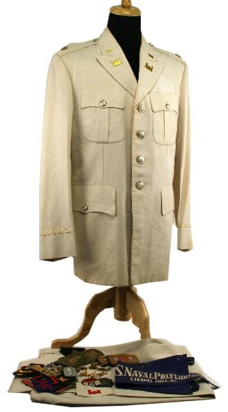 WW1 TO KOREA UNIFORM AND CLOTH INSIGNIA LOT: A nice collection of cloth insignia, shoulder straps, pennants medals and more including a large size officers tailor made dress uniform from Korea.