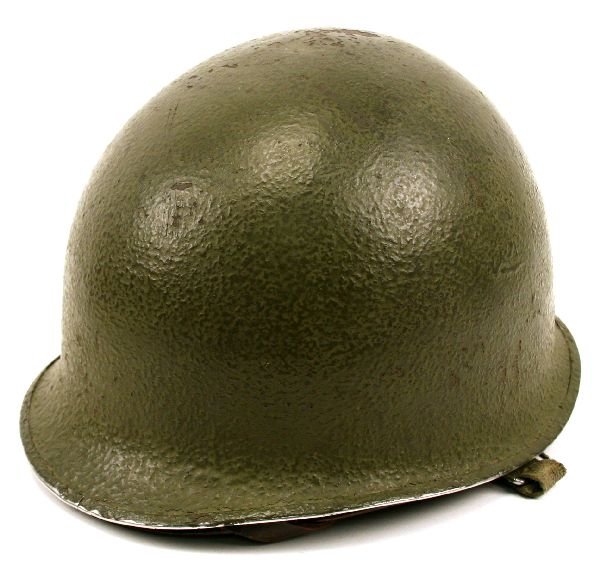 US WWII M1 FRONT SEAM SWIVEL BAIL HELMET: Combat used helmet retaining about 90% original textured paint. Liner fractured. Generally good/ very good.