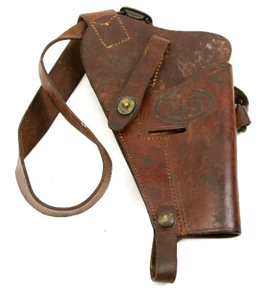 WWII ENGER-KRESS US 1911 LEATHER SHOULDER HOLSTER: Enger-Kress leather shoulder holster marked US as we as service numbers, notes of service, decorative stars, and the ship name Edgar Collins.