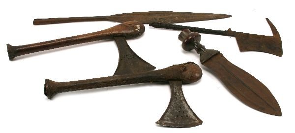 AFRICAN WEAPON LOT OF 5: To include tribal axes, a short sword, and a Zulu stabbing spear.