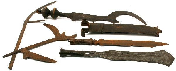 AFRICAN WEAPON LOT OF 5: To include throwing knife and short swords. All aged and with wear.
