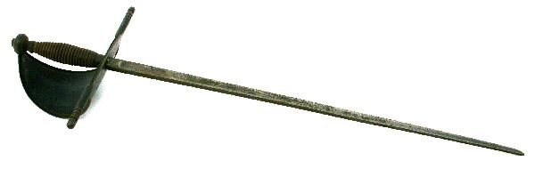 MAIN GAUCHE SPANISH LEFT HANDED SWORD: 21 inch triangular blade with a crowned C in a circle, some pitting. Wood grip, large guard with rolled edges. Guard and grip are possible replacements.