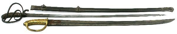 GERMAN SWORD PLUS A BRASS HILTED HANGER: late 1800's German sword, engraving to the bottom third showing the Prussian Royal cipher, some gilding remains. Worn overall, grip cover absent. Steel scabbard. Together with a Hanger/cutlass made up