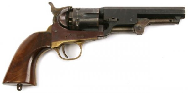BLACK POWDER .36 CAL COLT NAVY: Made in Italy and at about 80%, used and not cleaned there is some little rust to areas, a good re-enactors piece, comes with a leather holster. Good/very good. sn50530.