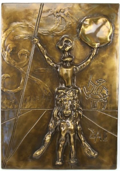 SALVADOR DALI DON QUIXOTE BRONZE PATINA LIMITED ED: Impressive 26.5 x 19 inch metal sculpture of Salvador Dali's 'Don Quixote' with bronze patina, marked "I 94/215" as the 94th of only 215 others. Sculpture comes complete with velvet padded case and fe