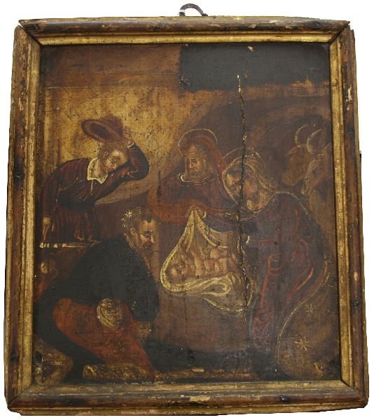 16TH CENTURY PANEL PAINTING ICON BIRTH OF CHRIST: Oil on wood painting measuring 12 x 14 inches. Some wear but the detail and coloring are still clear. Some worm to the wood at the back. A rare find.